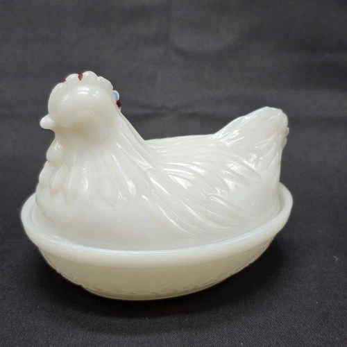 Vintage Hazel Atlas White Milk Glass Hen on Nest Dish Red Comb 4" Cottage
