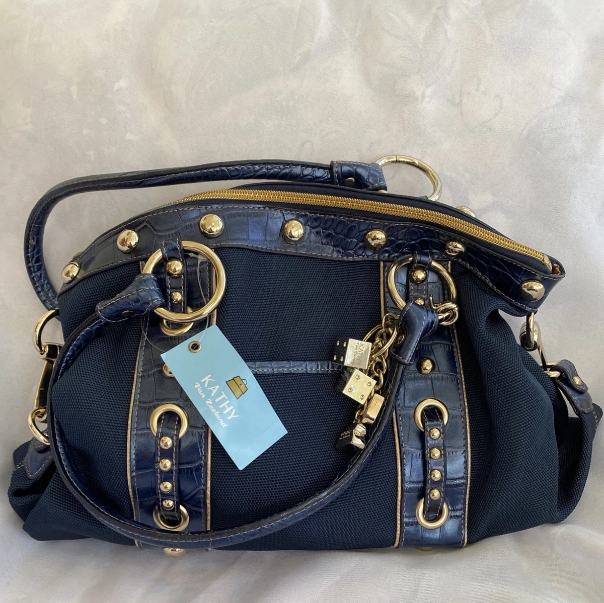 Kathy Van Zeeland Navy Satchel Zipper Accents Gold Hardware Pouch