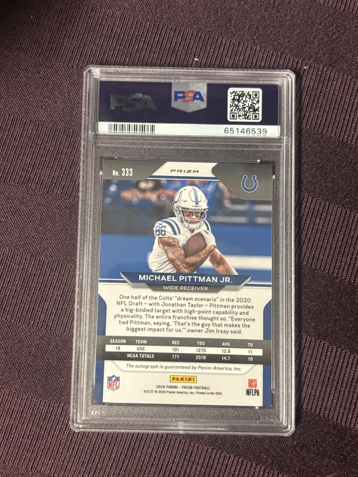 2020 Michael Pittman Neon Green Pulsar Prizm Rookie Auto PSA 9 view 2