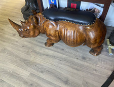 Vintage Carved Wooden Rhinoceros Footstool Brown/Black Leather Upholstered Seat