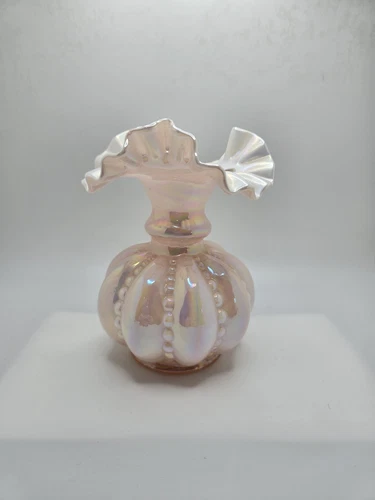 Fenton Iridescent Melon Vase Pink Peach Blush Crimped Ruffled Signed Don Fenton