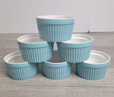 (6) Dowan Blue 8oz Ramekin Cups Ribbed Porcelain Baking Souffle & Creme Brulee