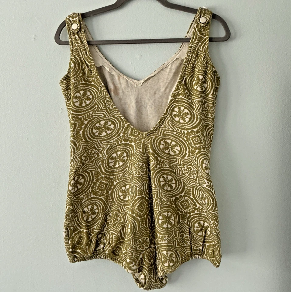 Vintage 1960s Mod One Piece Swimsuit Bathing Suit Olive Green Geometric Pin Up - Image 3 of 4