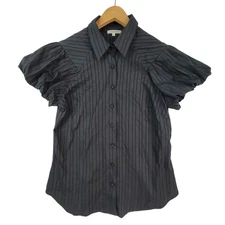 Matty M Black Stretch Cotton Ruffled Short Sleeve Button-Up Striped Shirt Medium