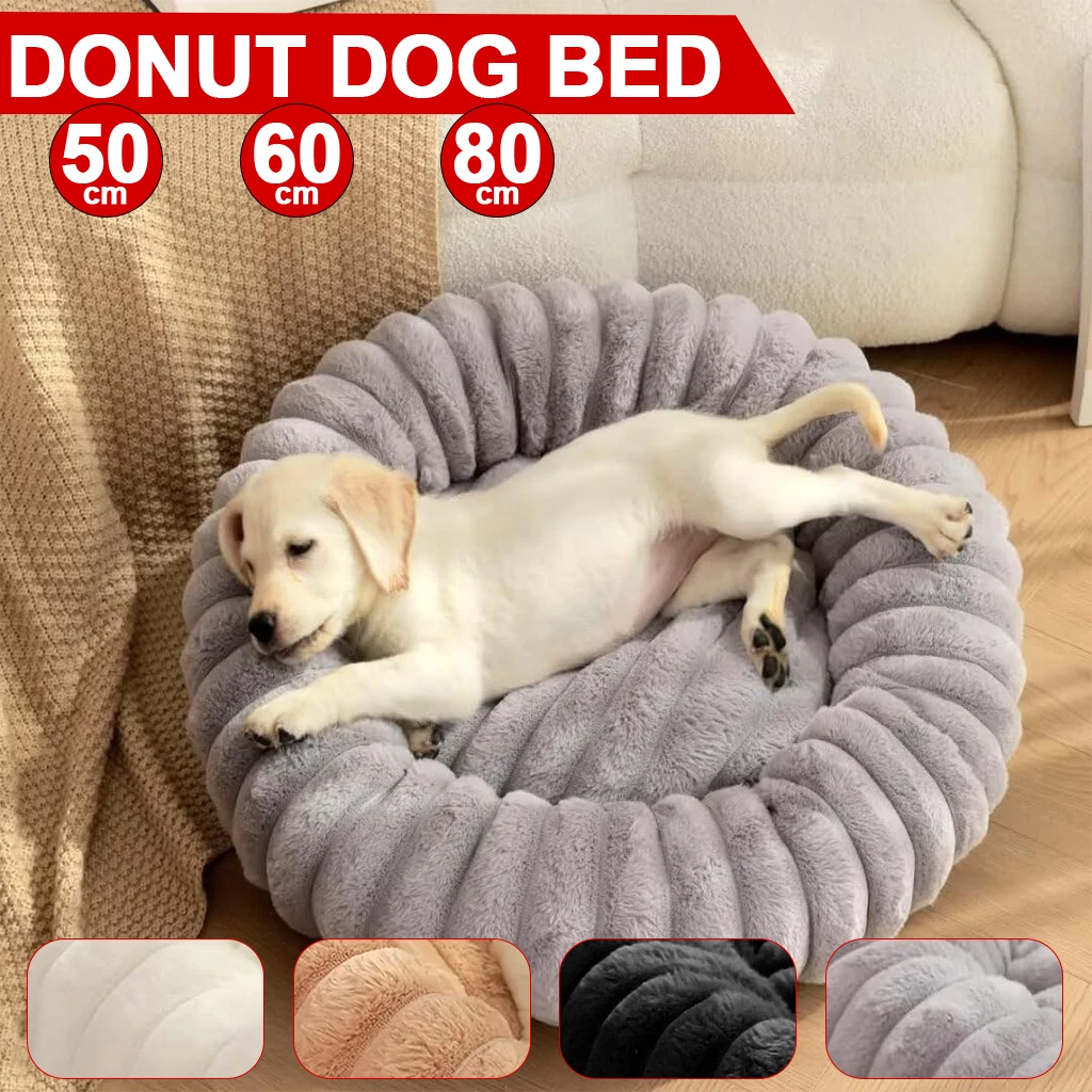 Washable Dog Bed Cat Soft Plush Fluffy Round Donut Calming Pet Anti Anxiety Bed