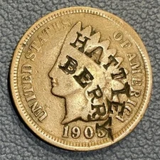1905 Indian Head Cent - Counter Stamped “Hattie Berry” Unknown Persons Stamp