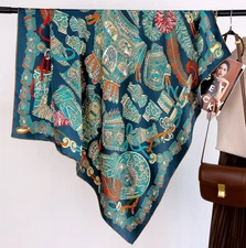 100%Silk Bandanna Scarf Neckerchief Square Women Wrap Green vase Print 110X110cm