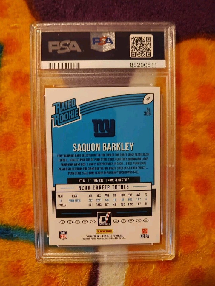 2018 Panini Donruss Saquon Barkley RATED ROOKIE RC 306 Eagles PSA 9 2018-panini-donruss-saquon-barkley-rated-rookie-rc-306-eagles-psa-9