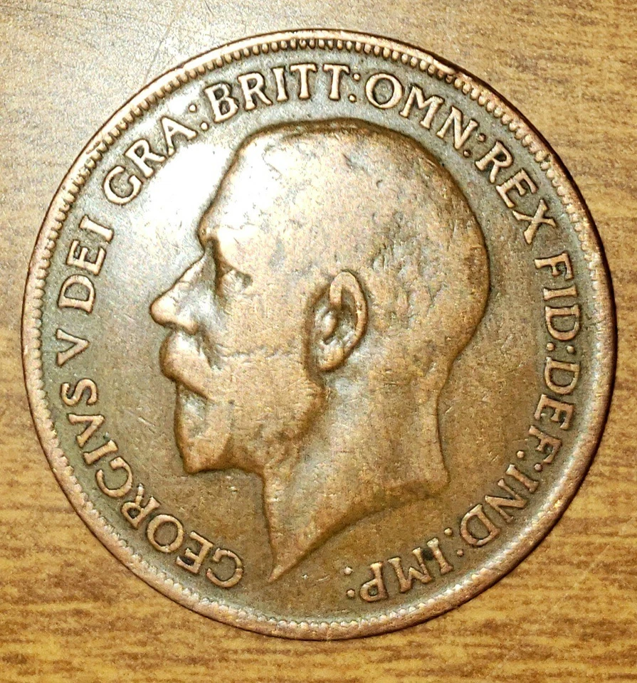 ANTIGUA MONEDA DE BRONCE DE UN CENTAVO Gran Bretaña de 1921 rey Jorge V Foto 2 de 3