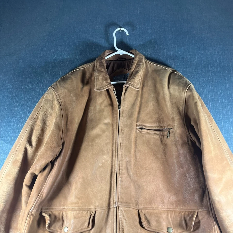 Chaqueta Lord Taylor Hombre Marrón Manga Larga Cremallera Completa Bolsillos Talla L Cuero Genuino Foto 2 de 4