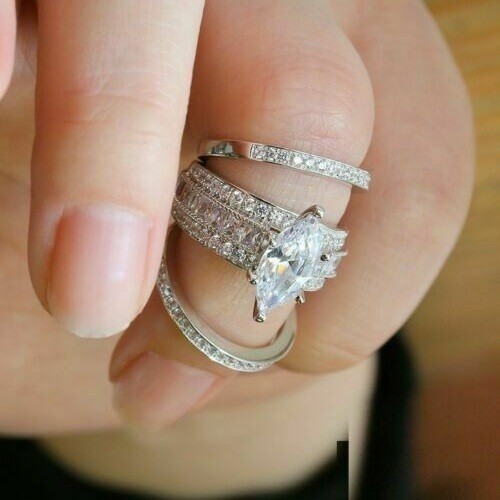 Set Anello Sposa Matrimonio Diamante Diamante Bianco 14K Creato Marquise Lab - Foto 3 di 3