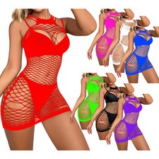 Sexy Womens Hollow Out Fishnet Bodycon Mini Dress See-Through Babydoll Nightwear