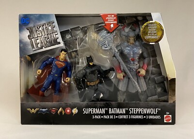 JUSTICE LEAGUE SUPERMAN BATMAN STEPPENWOLF 3-PACK ACTION FIGURE SET- DC, MATTEL