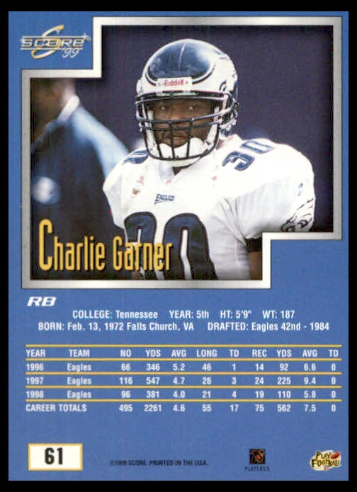 1999 Score #61 Charlie Garner Philadelphia Eagles Football Card - Image 2 of 2