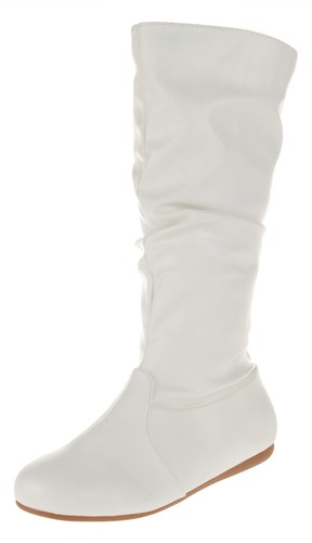 New White Round Toe Slouchy Women Causal Mid Calf Flat Boots Zipper Faux Leather - Picture 2 of 4