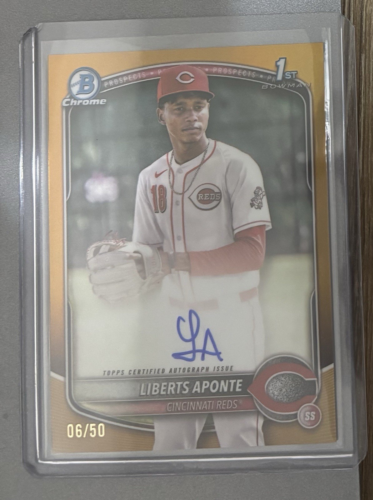 2025 Bowman Chrome Liberts Aponte Auto True Gold Refractor /50 1st Prospect RC