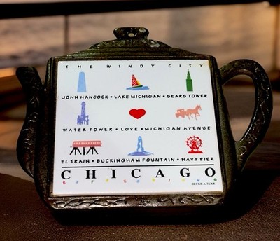 Chicago Souvenir Landmarks Cast Iron Trivet - Tea Pot Shaped  - Tile Face - 7x6
