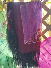 Vintage Silk Batik Shall With Long Black Fringe Purple/Maroon