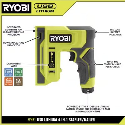 RYOBI USB Lithium Cordless Craft 4-in-1 Stapler/Nailer Kit with