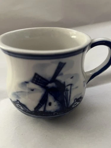 Delft Blue Painted Coffee Mug Dutch Windmill Flower Vintage