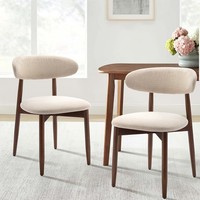 Set of 2 Solid Wood Upholstered Dining Chairs - Ergonomic Curved Back, Beige