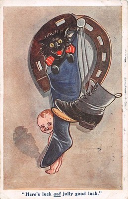 POSTKARTE KATZE THEMA HIER IST GLÜCK UND LUSTIG VIEL GLÜCK