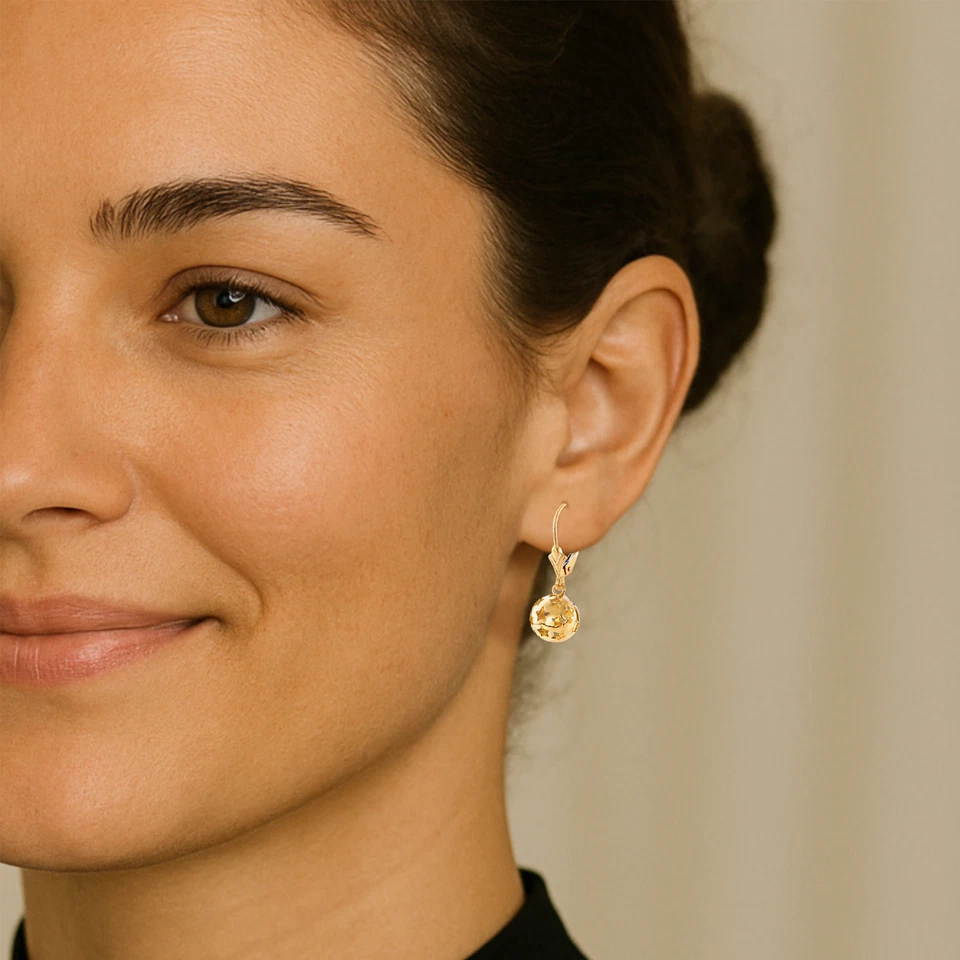 14K Real Solid Yellow Gold Shiny Polished Star Ball Dangle Drop Hoop Earrings - Image 3 of 4