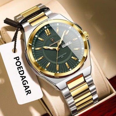 42MM POEDAGAR Quartz Men's Luxury Watch Stainless 30M Waterproof Luminous NEW
