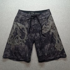 Affliction Board Shorts Mens 30 Black Gray Swim Trunks Grunge Gothic 11"
