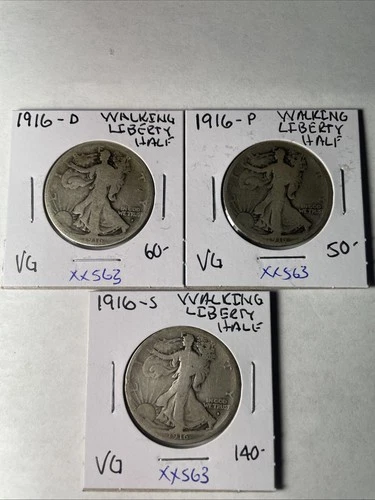 BETTER DATES 1916 PDS WALKING LIBERTY HALF DOLLARS IN NICE VG CONDITION  XX563
