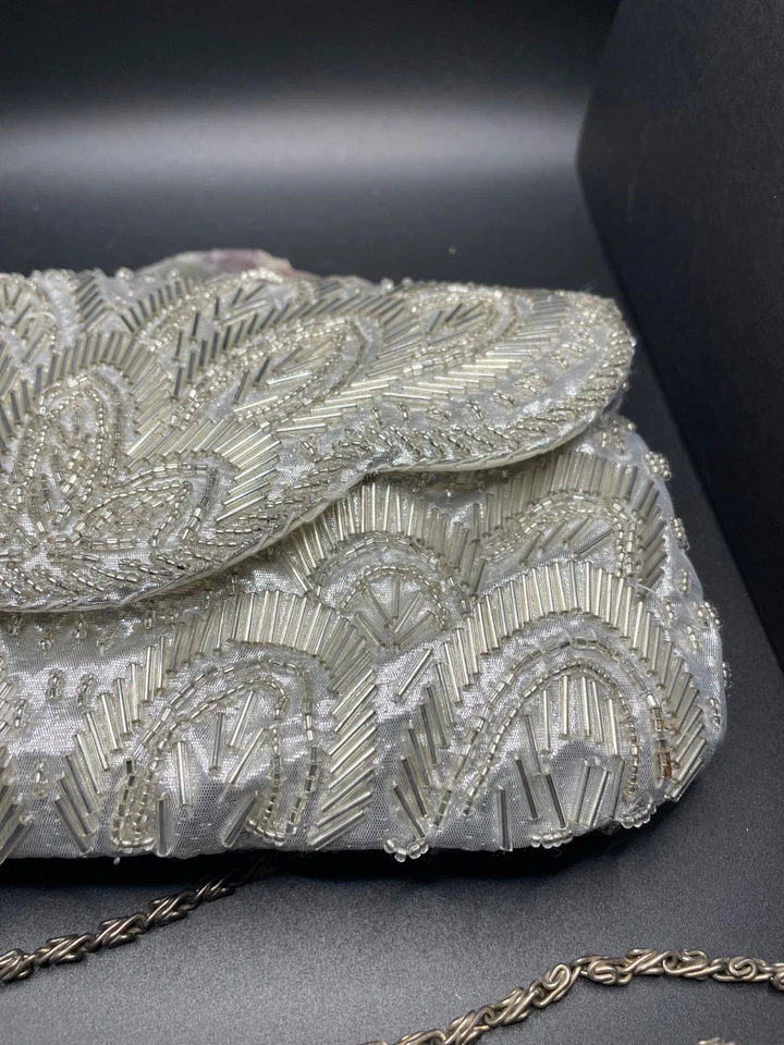 Beaded Silver Satin Clutch Purse Vintage La Regale Ltd Handmade China - Image 4 of 4