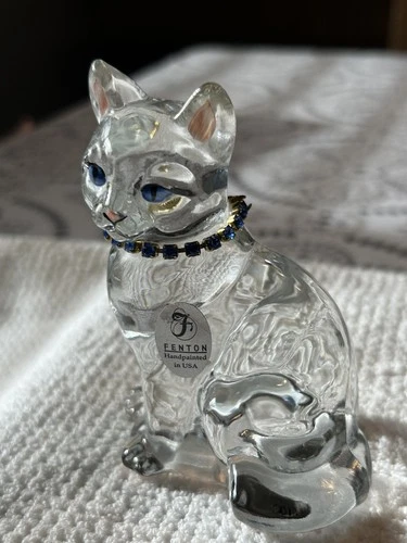 Fenton Clear Glass Cat Figurine Blue Rhinestone Collar Hand Painted Signed