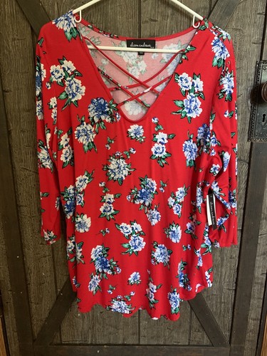 Alison Andrews Women’s Red Blouse 1x Blue & White Flower Print NWT - 第 1/5 張圖片