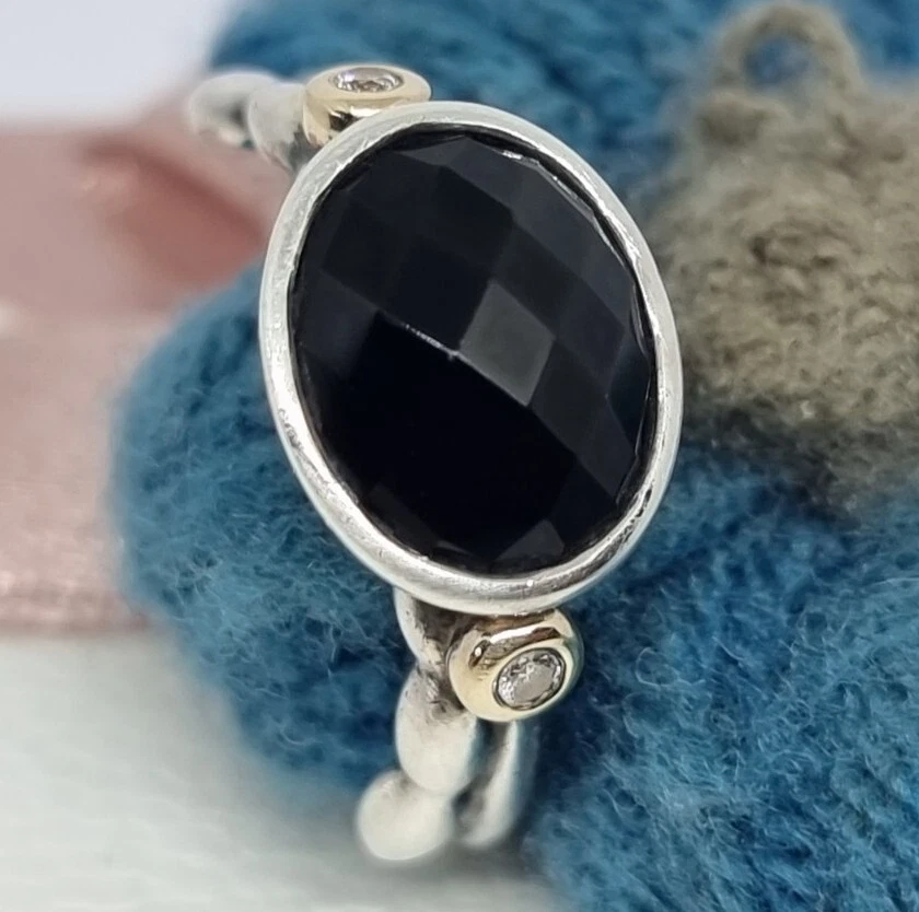 Genuine Pandora Elegant Embrace Onyx Ring With Diamonds Size 54 Damaged