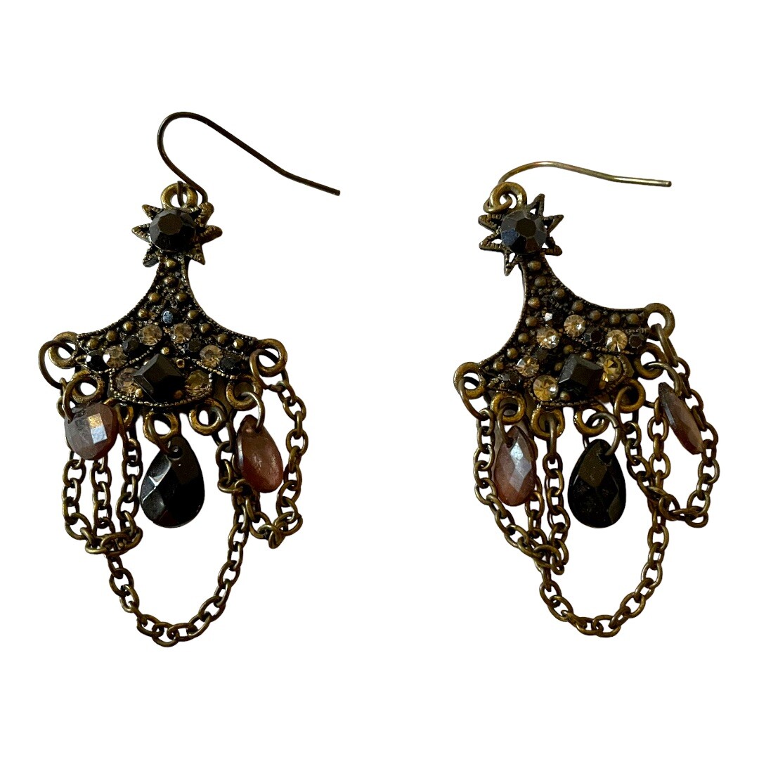 Antiqued Bronze Chandelier Earrings w/Purple Tone Beads & Amber