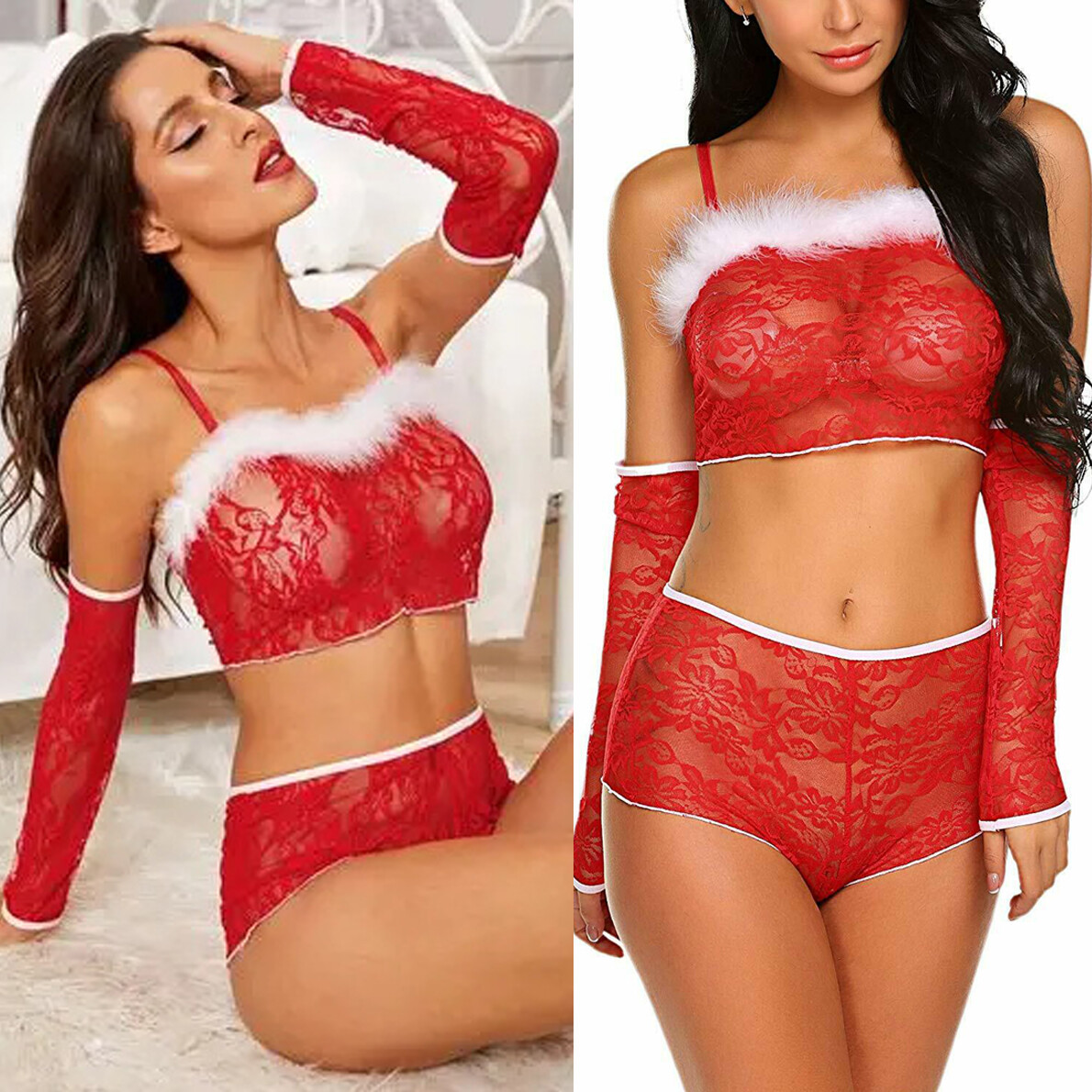 Women Sexy Long Sleeve Valentine Festival Lingerie Set Whtie 