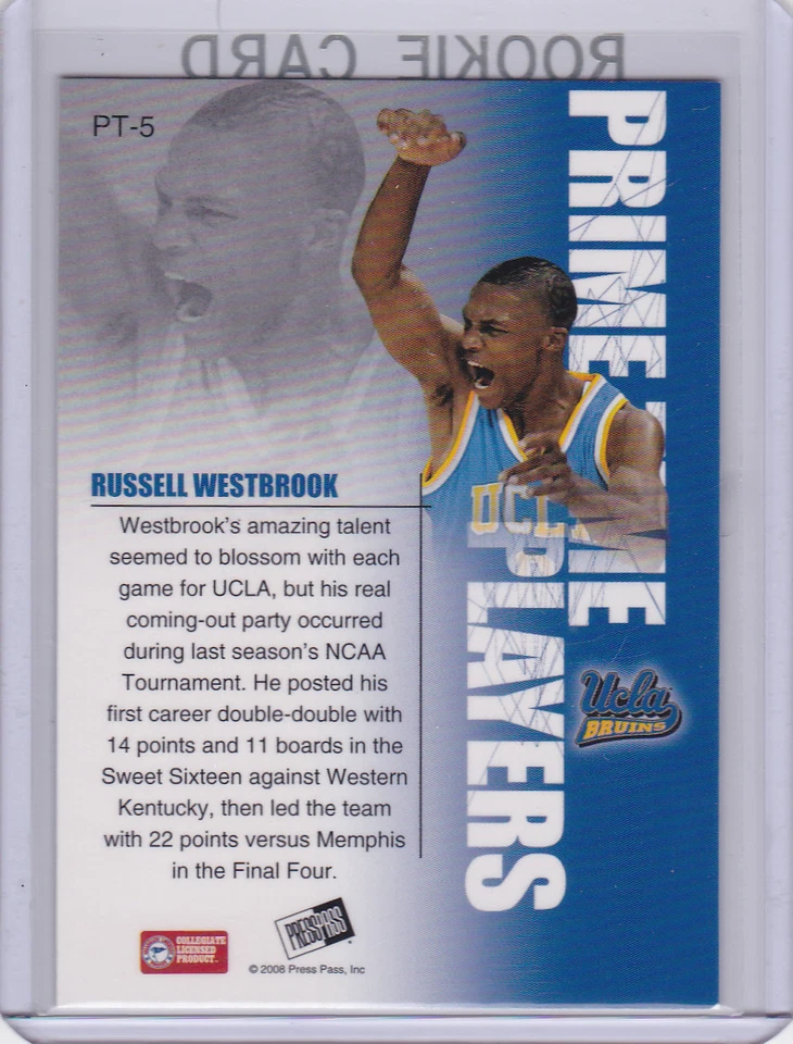 Tarjeta de novato Russell Westbrook con inserción de lámina Bruins Baloncesto 2008 Primetime RC Foto 2 de 2