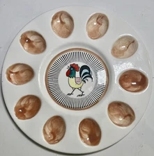 VTG 1960 Deviled Egg Platter w Hand Painted Rooster From Lego, Japan 9" Diameter