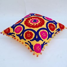 Indian Ethnic Floral Cotton Suzani Embroidery Handmade Cushion Covers 16" Square