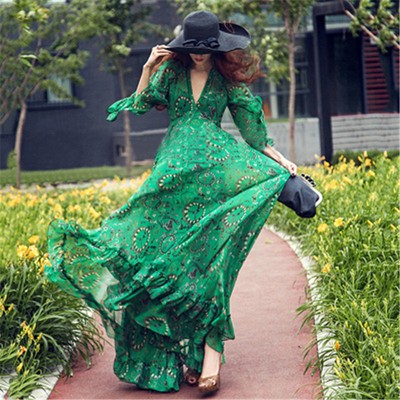 Women Boho Floral V-neck Chiffon Long Maxi Evening Party Green Beach Dress  Hot | eBay