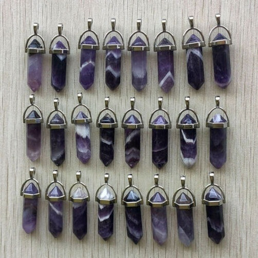 30pcs Natural Amethysts Stone Hexagonal Column Pendants Jewelry Making Wholesale