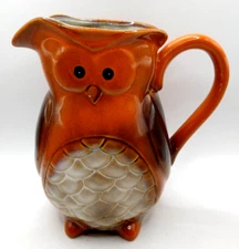 Vintage Art Deco Harvest Orange Owl Pitcher By Transpac Novelty Owl Ware Ceramic