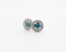 Genuine Blue and White Zircon Gemstone Halo Stud Earrings in Sterling Silver