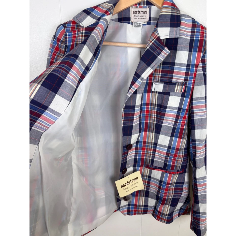 Vintage Nordstrom Town Square Plaid Blazer Red White Blue Button Front Size S - Image 2 of 4