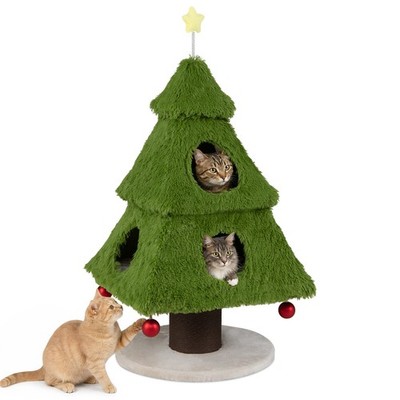 Christmas Cat Tree w/ Scratching Post & Dangling Balls, 2 Caves, Treetop Star