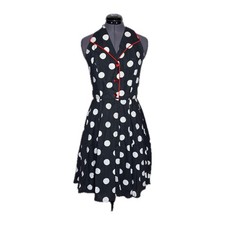 Vintage 50s Polka Dot Halter Dress Rockabilly Black White Red B34 W30 S/M