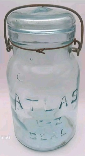 Antik Aqua Blau Quart Glas Glas Atlas E-Z Dichtung Drahtbügel Glasdeckel - Bild 1 von 17