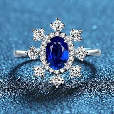 Certified 2ct Lab Grown Blue Sapphire Diamond Ring, 18K Gold Vermeil Chic Flower