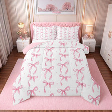 Ribbon Pink Bow Queen Comforter Set,Cute Pink Bows Bedding Set for Girls Teen Ki