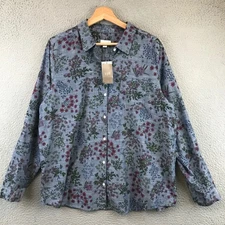 New J Jill Women's Blue Floral Button Up Long Sleeve Shirt Top Size L